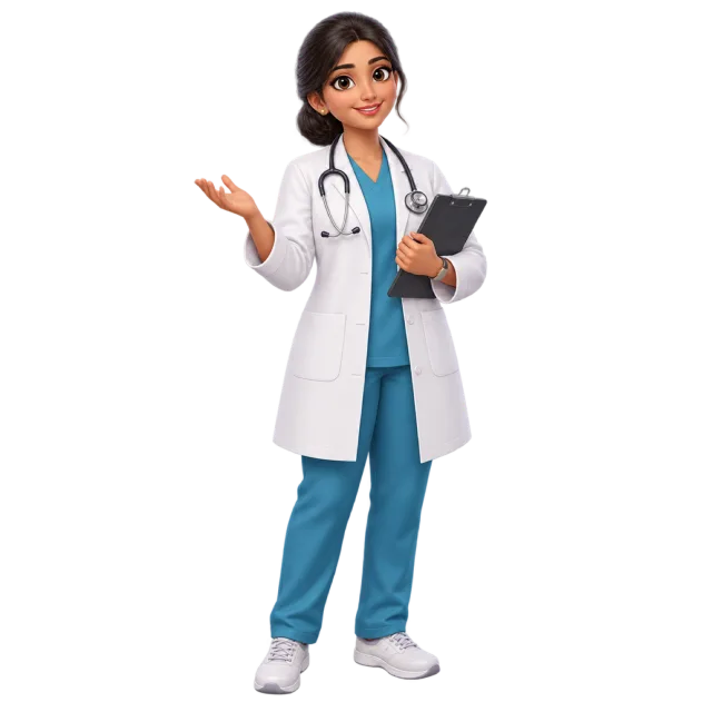 A cartoon woman in a white coat and blue scrubs holding a clipboard and raising one hand