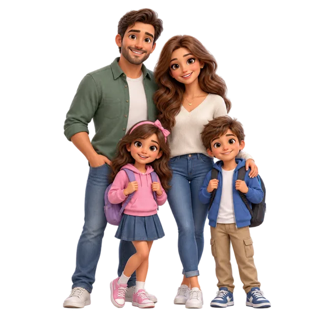 A cartoon group of two adults and two children standing closely together