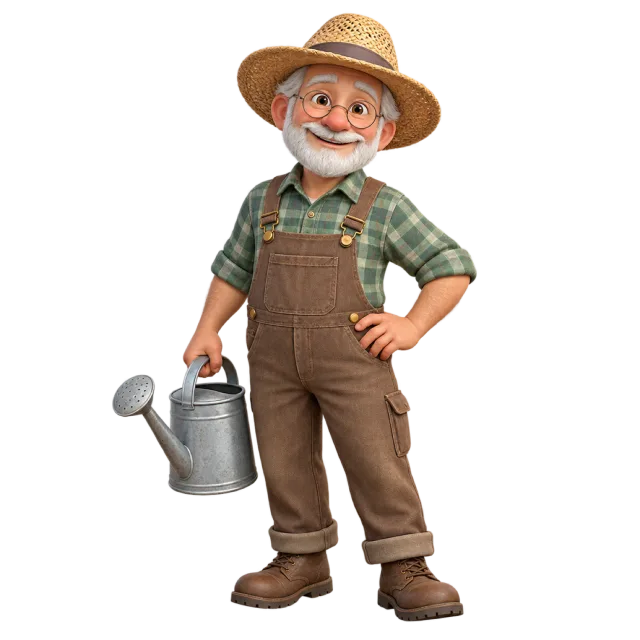 A smiling cartoon older man in a straw hat and overalls holding a watering can