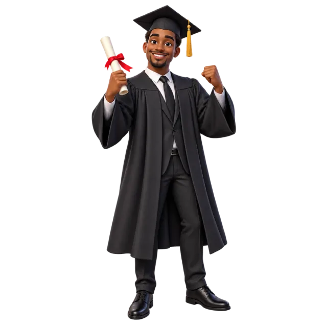 A smiling cartoon graduate in a black cap and gown holding a rolled diploma