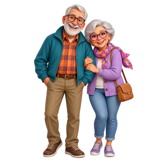 A cartoon older couple with glasses standing arm in arm in colorful casual clothing