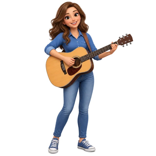 A cartoon woman in a blue shirt and jeans playing an acoustic guitar