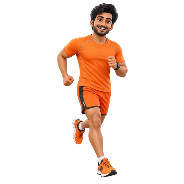 A smiling cartoon man jogging in an orange shirt, shorts and running shoes