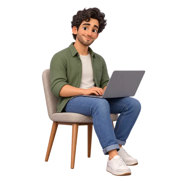 A cartoon man in a green shirt sitting on a wooden chair with a laptop