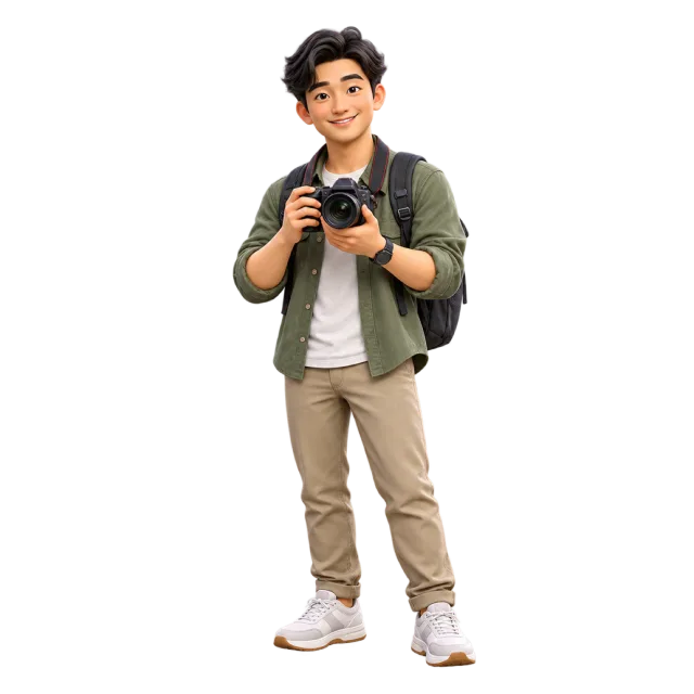 A cartoon man in a green jacket holding a camera and wearing a backpack