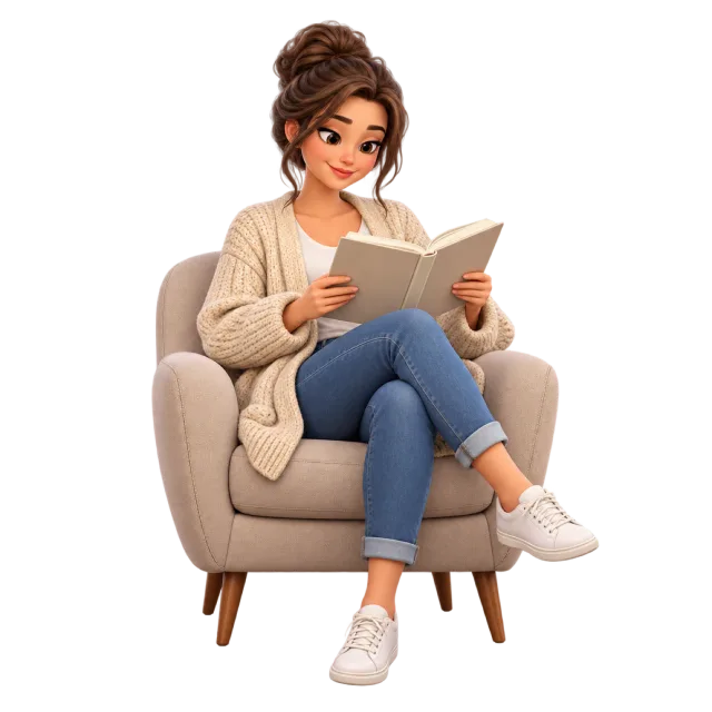 A cartoon woman in a beige cardigan reading a book in a cushioned armchair