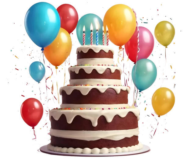Chocolate and cream tiered cake with candles and colorful balloons on a transparent background