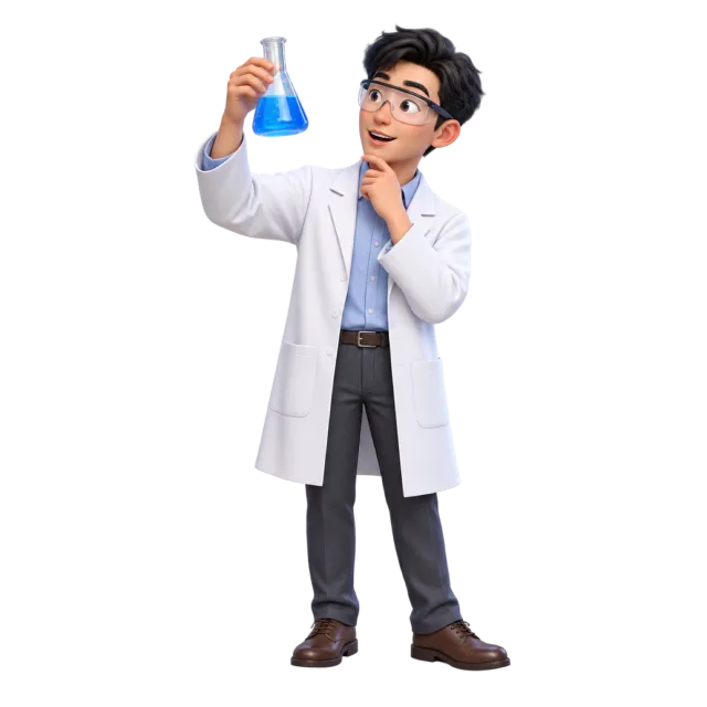 A cartoon scientist with glasses and a white coat raising a flask of blue liquid