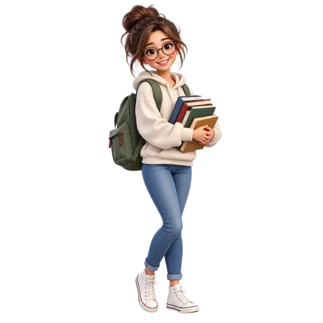 A cartoon student with glasses holding a stack of books and wearing a green backpack