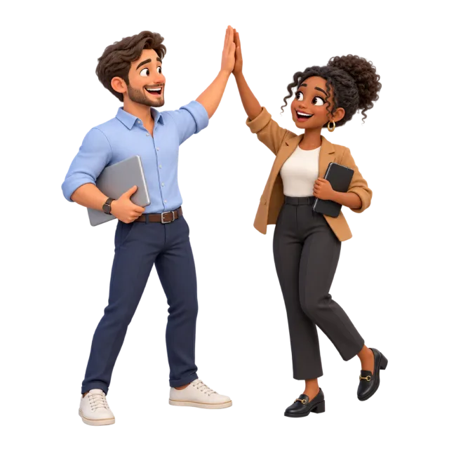 Two cartoon coworkers giving each other a high five while holding work materials