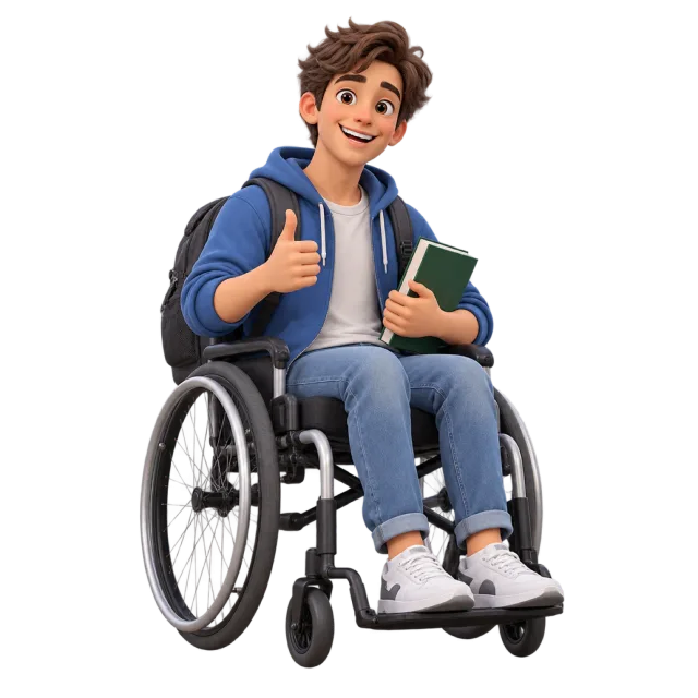 A smiling cartoon student in a wheelchair holding books and giving a thumbs-up