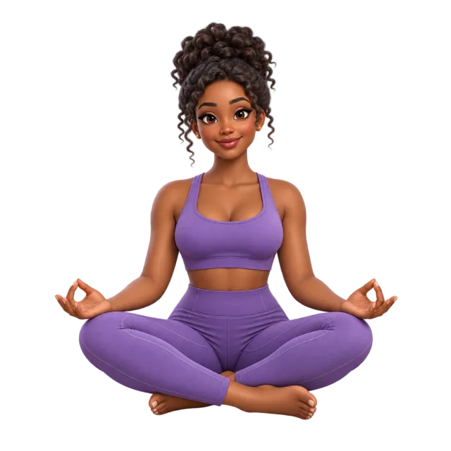 A cartoon woman in purple activewear sitting cross-legged with her hands resting on her knees