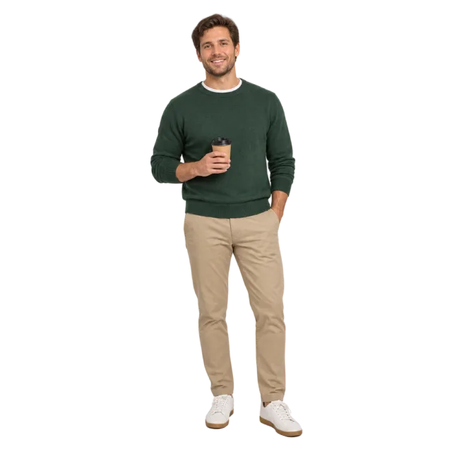 A man in a dark green sweater and beige trousers holding a takeaway coffee cup