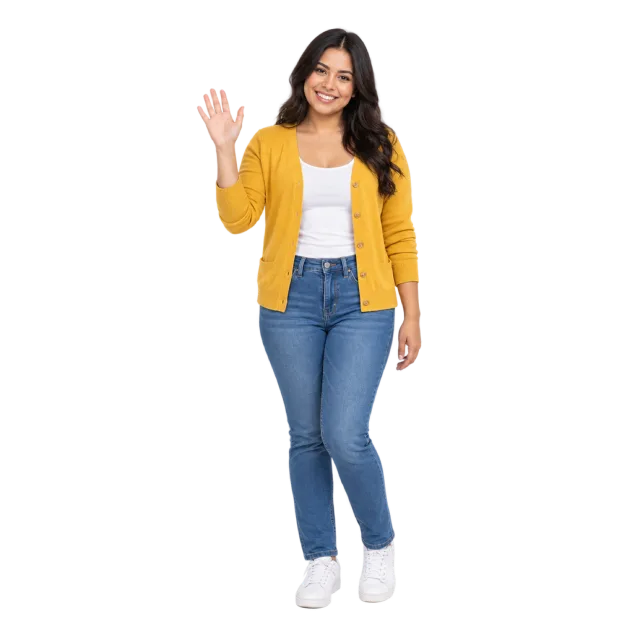 A smiling woman in a yellow cardigan, jeans and white trainers waving one hand