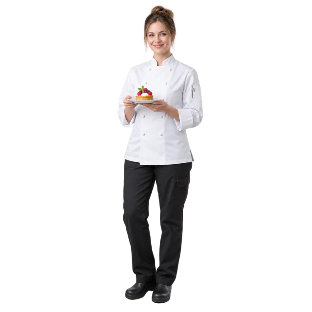 A woman in a white chef jacket and black trousers holding a small plated dessert