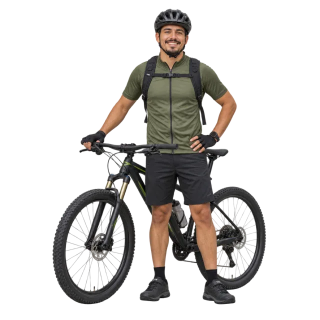 A man wearing a cycling helmet, green top and black shorts standing beside a bicycle