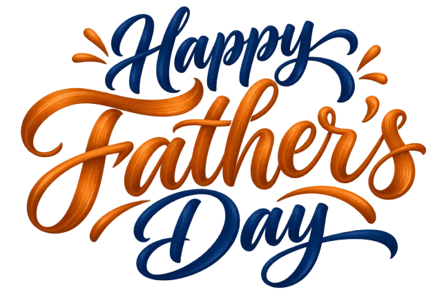 Happy Father's Day in navy blue and copper orange, confident bold brush lettering on a transparent background