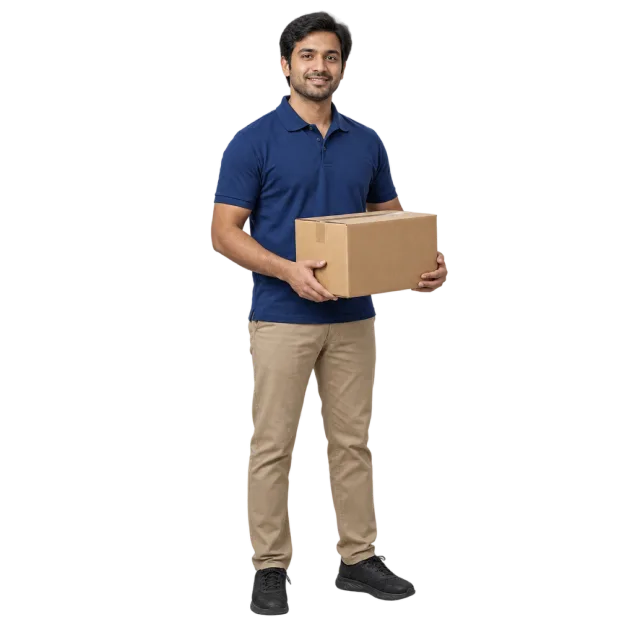 A man in a blue polo shirt and beige trousers holding a cardboard parcel