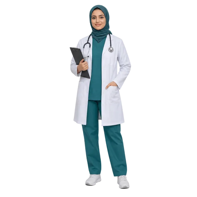 A woman wearing a teal headscarf, white coat and stethoscope while holding a clipboard