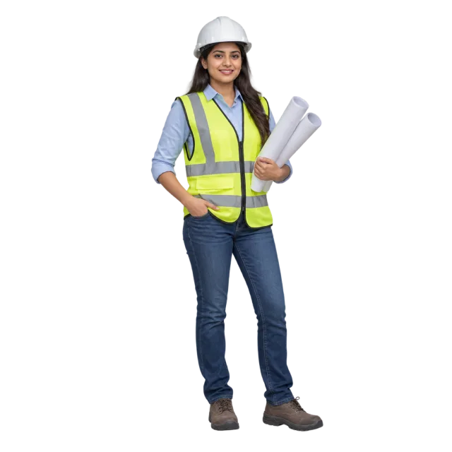 A woman wearing a white hard hat and safety vest while carrying rolled plans
