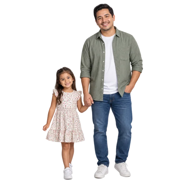 A man in a green overshirt and jeans holding hands with a child in a light dress