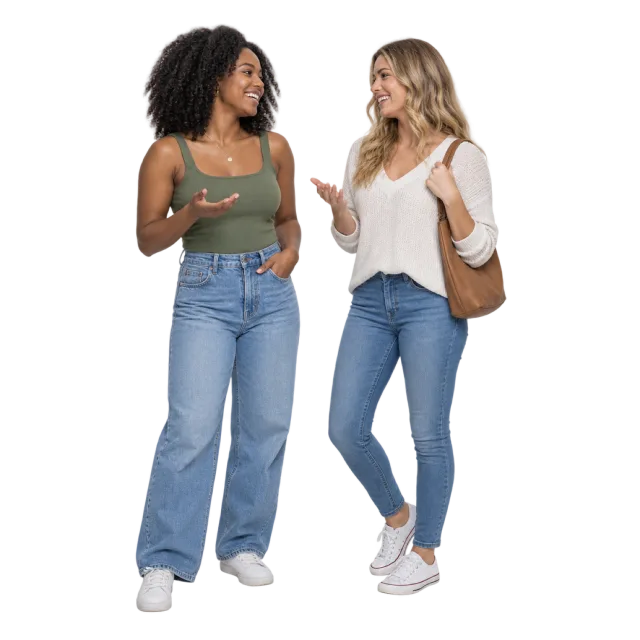Two women in casual tops and jeans facing each other in conversation