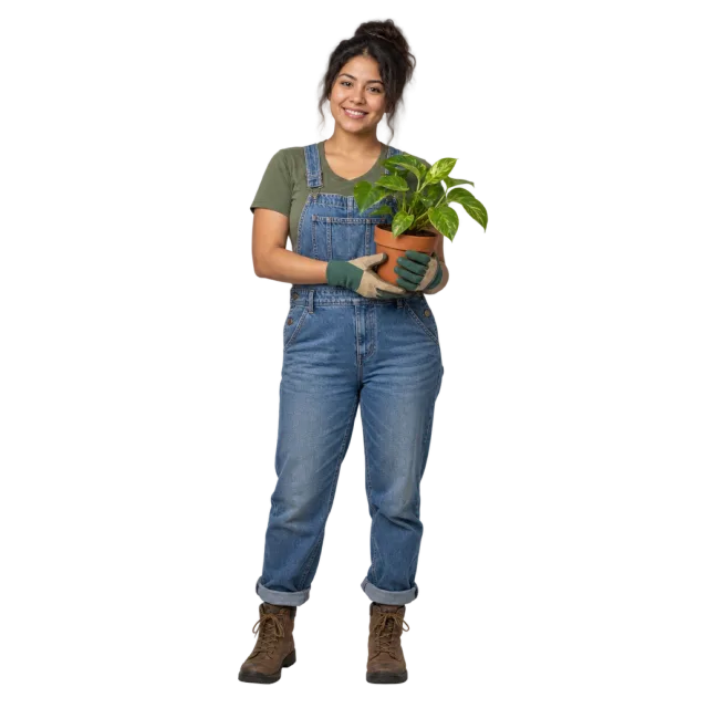 A woman in denim overalls holding a leafy plant in a green pot