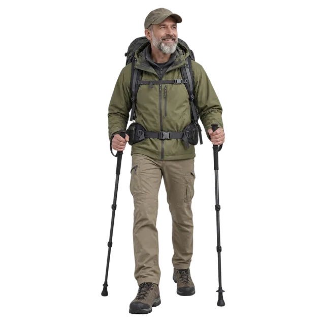 A bearded man in a green cap and outdoor clothing carrying a backpack and trekking poles