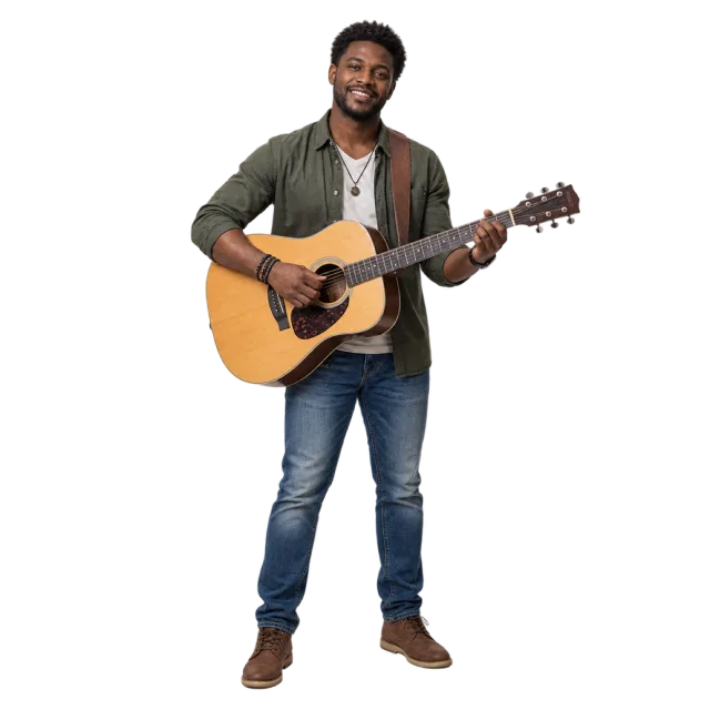 A man in a green jacket and jeans standing while playing an acoustic guitar