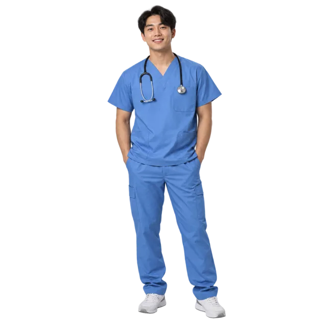 A smiling man in blue scrubs and white shoes wearing a stethoscope around his neck