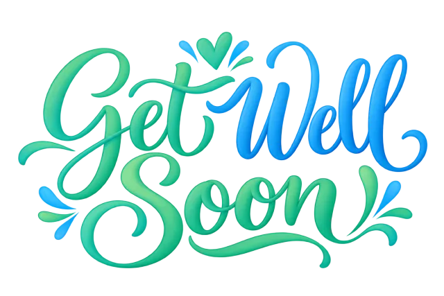 Get Well Soon in mint green and sky blue, soft rounded flowing calligraphy on a transparent background