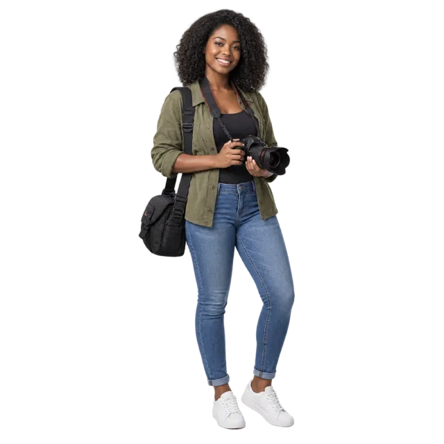 A woman in a green jacket and jeans holding a camera and wearing a backpack