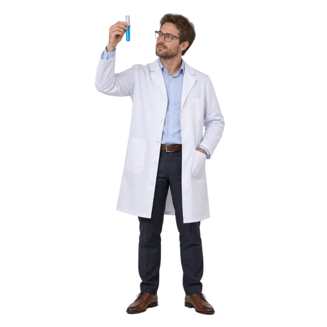 A man with glasses and a white laboratory coat holding a sample tube up for inspection