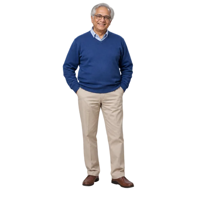 A smiling gray-haired man with glasses wearing a blue sweater and beige trousers