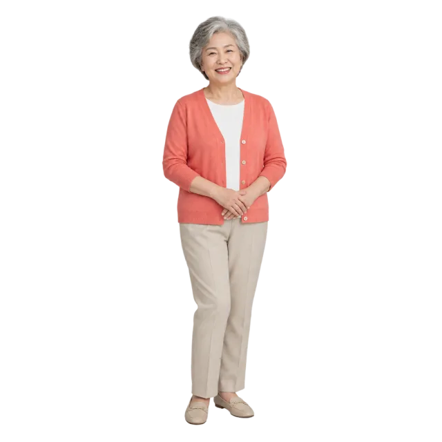 A smiling gray-haired woman in a coral cardigan and beige trousers standing with clasped hands