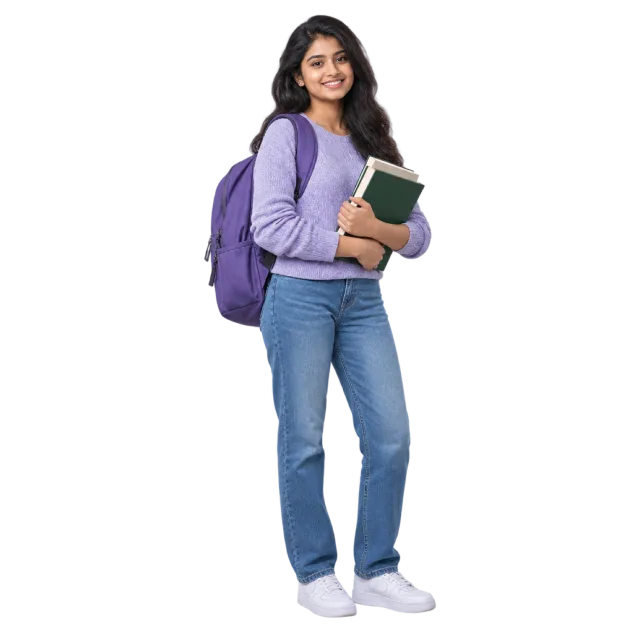 A smiling woman in jeans carrying a purple backpack and holding a green book