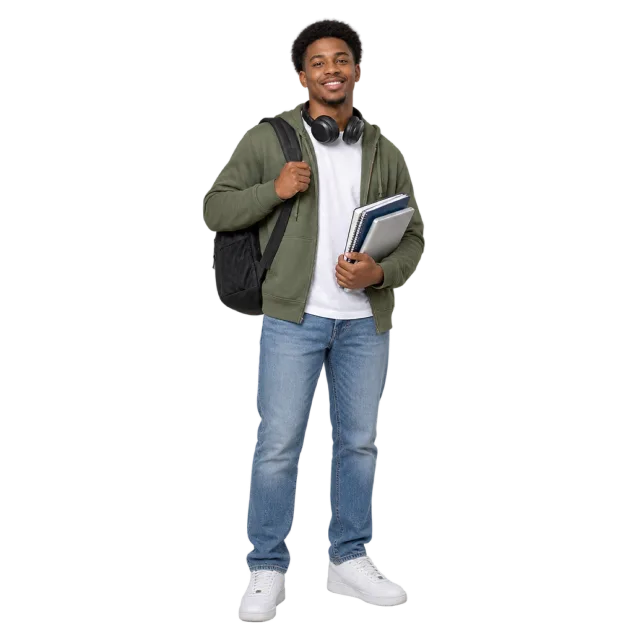 A man in a green jacket and jeans wearing headphones and holding books