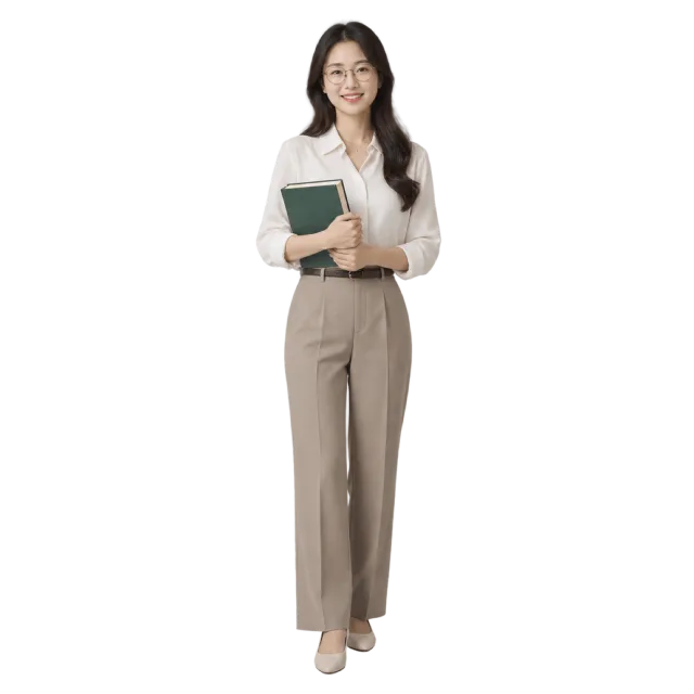 A woman in a light blouse and beige trousers holding books against her chest