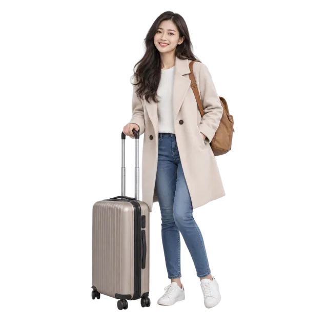 A woman in a light coat and jeans standing beside a rolling suitcase