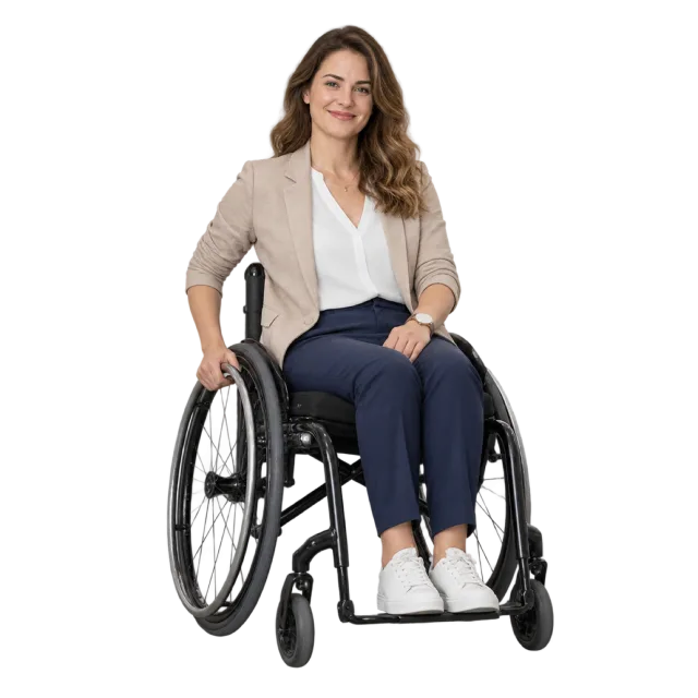 A smiling woman in a wheelchair wearing a white blazer, dark trousers and white trainers