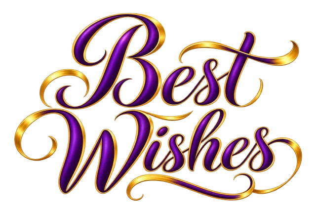 Best Wishes in deep purple and golden yellow, graceful formal calligraphy on a transparent background