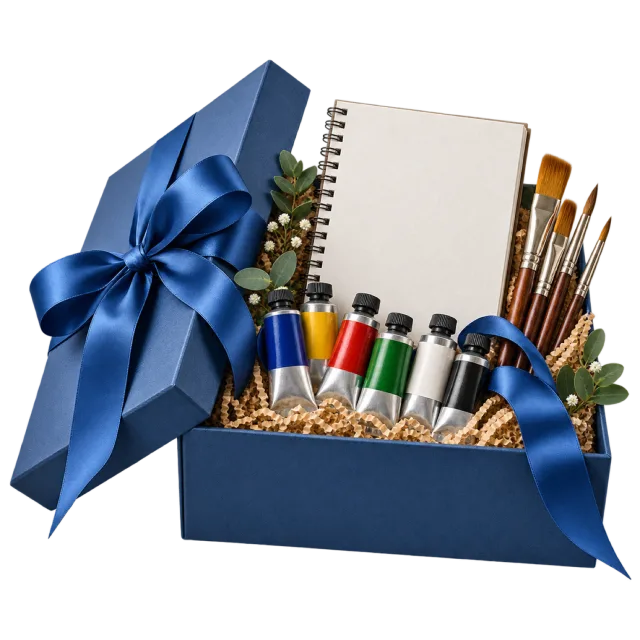 An open navy box holding paint tubes, brushes and a spiral sketchbook, with a blue bow on the lid