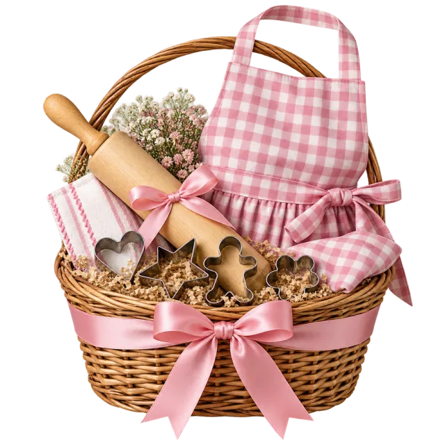 A wicker basket with a pink gingham apron, rolling pin and baking utensils, finished with a pink bow