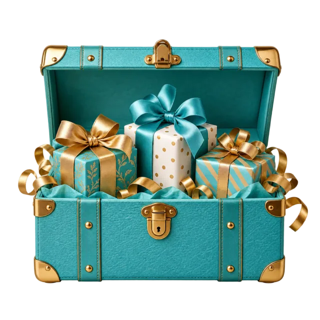An open teal trunk with gold fittings and small ribbon-wrapped presents inside