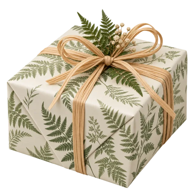A cream parcel covered in green fern prints and tied with twine and fern sprigs