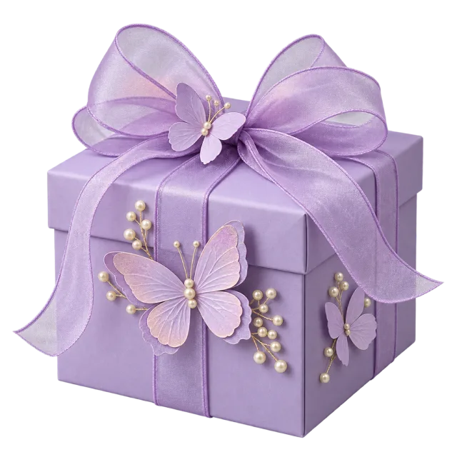 A lavender gift box with a large purple bow, butterfly ornaments and pearl-like accents