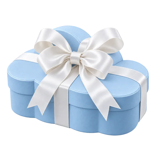 A pale blue cloud-shaped box wrapped with a white satin-style ribbon and bow