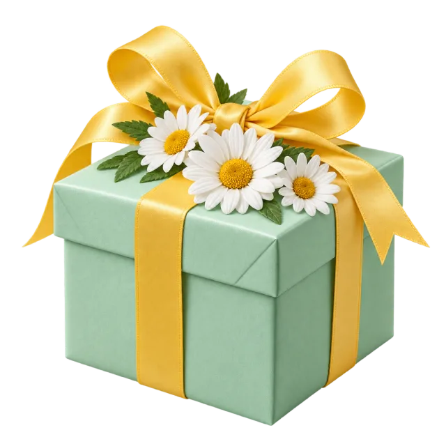 A mint green gift box topped with white daisies and a bright yellow ribbon bow