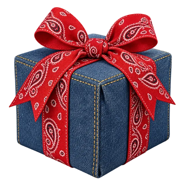 A dark blue denim-textured box with visible stitching and a red paisley ribbon bow