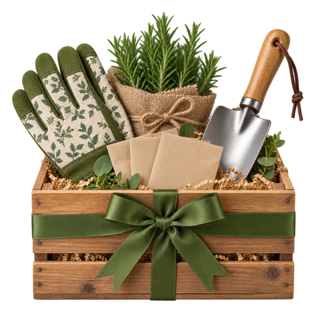 A wooden crate holding gardening gloves, a hand trowel and a small leafy plant, tied with a green bow